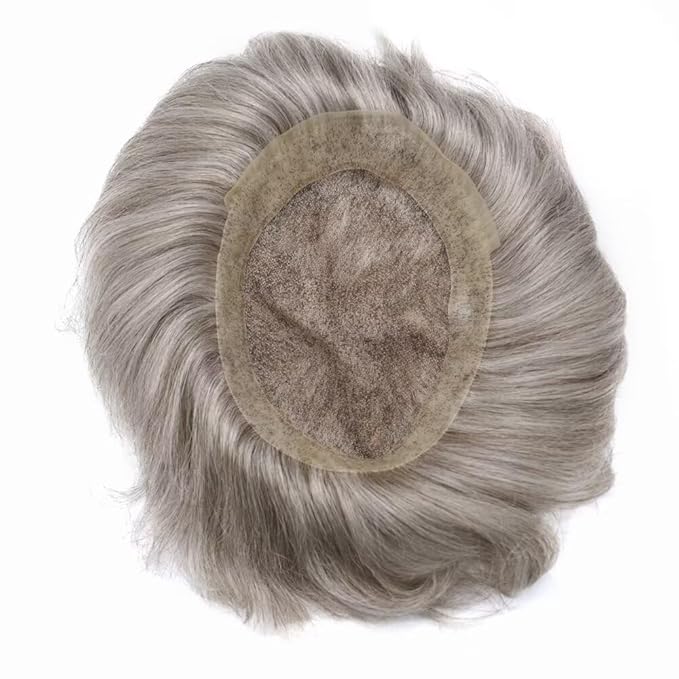 Toupee for Men French Lace Center Human Hair Replacement Systems Transparent Lace Center Hair Piece Mens Toupee Hair Units for Man V-Looped Front Male Hair Prosthesis 6"X9" #60RY