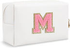 Small Travel Initial Preppy Makeup Bag, Personalized White Cute Cosmetic Organizer Chenille Letter Travel Toiltery Zipper Pouch, Waterproof PU Leather Make Up Case Gifts for Mom Women Female(Letter M)