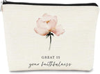 Christian Bible Scripture Great is Your Faithfulness Makeup Bag Cosmetic Pouch Zipper Travel Toiletry Bag,Watercolor Pink Flower Makeup Bag,Christian Gifts for Women Faith
