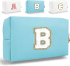 Small Personalized Letter Makeup Bag, Cute PU Leather Chenille Letters Cosmetic Bag Travel Makeup Pouch, Preppy Travel Organizer Zipper Pouch for Women&Girls（Blue-B）