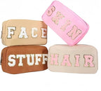 4 Pcs Nylon Cosmetic Bags Travel Organizer Chenille Letter Makeup Pouch Zipper Preppy Waterproof Hair Bag Toiletry Pouch for Women Girls Coffees
