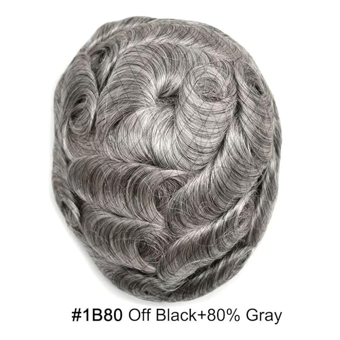 FACE MIRACLE Lace Front Mens Toupee Human Hair System Swiss Lace Center Toupee for Men Thin Skin PU Around Hair Replacement System V-Looped Mens Hair Wig Units 6"X8" #1B80 Off Black with 80% Gray