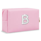 ChaoGreat Bride Gifts – Personalized Initial Makeup Bag with Pearl Rhinestone Patch, Preppy Pink Monogram Cosmetic/Toiletry Pouch, bridesmaid Gifts, Bridal Shower Gifts, Wedding Gifts, Bridal Gifts,B