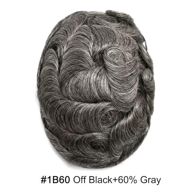 FACE MIRACLE Hair System for Men French Lace Mens Toupee Human Hair Replacement System Lace with PU Toupee for Men Male Hair Piece Wigs 6"X8" #1B60 Off Black with 60% Gray