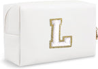 Personalized Initial Preppy Travel Makeup Bag Organizer, Small White Cute Cosmetic Bag Toiletry Zipper Pouch for Women, Portable Waterproof PU Makeup Case Birthday Gift for Female Women(Letter L)