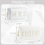 2PCS Bride to be Patch Letter Makeup Bag Bridal Shower Gifts for Engagement Wedding Bachelorette Bridesmaid Gifts for Bride Mrs Pearl Rhinestone Travel Bag White PU Leather Make Up Bag Pouch for Purse