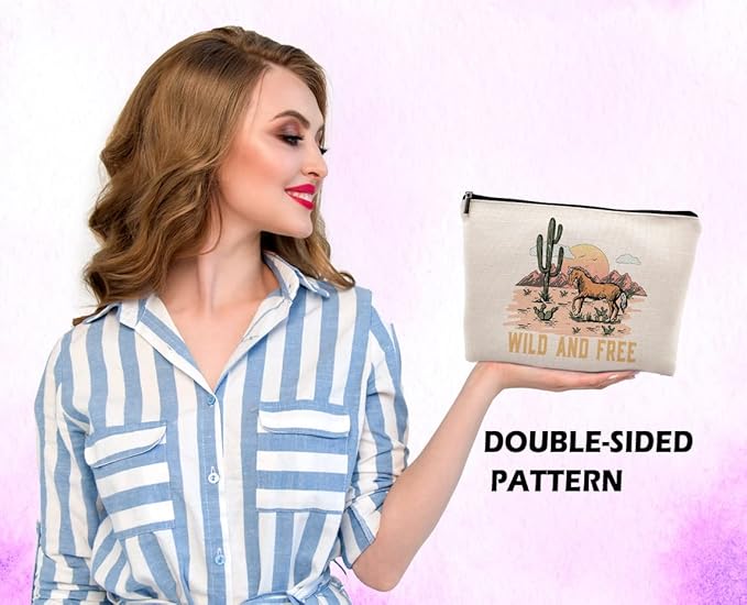 Wild and Free Cowgirl Cosmetic Bag, Wild West Retro Western Horse Cactus Desert Makeup Bag Zipper Cosmetic Pouch Bag Travel Linen Makeup Organizer, Cowgirl Gifts for Women Girls Teen Girls Her