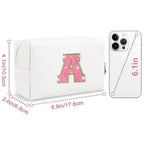 Small Personalized Initial A-Z Patch Makeup Bag,White Cute PU Leather Glitter Letter Cosmetic Bag for Teen Girls,Travel Toiletry Bag with Zipper,Preppy Monogrammed Birthday Gift for Daughter Niece A