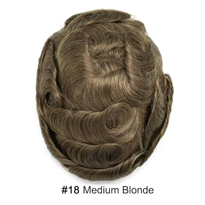 FACE MIRACLE Toupee for Men French Lace Hairpiece Human Hair Replacement System Skin PU Mens Toupee Hair Wigs for Man V-Looped Front Hair Prosthesis 6"X9" #18 Medium Blonde