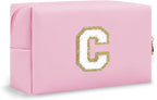 Personalized Initial Preppy Makeup Bag, Small Cute Pink Toiletry Pouch Monogram Cosmetic Travel Organizer with Zipper, PU Waterproof Glitter Make Up Bags Gift for Female Coworker Friends(Letter C)