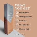 Ontaki Hair Shears & Thinning Scissors Kit - 7-Inch, Silver Japanese Steel - Precision Hair Cutting Scissors for Professionals & Home Stylists with Styling Comb & Pouch