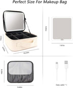 Travel Makeup Bag with LED Mirror Travel Makeup Organizer with 3 Lighted Settings, Adjustable Dividers and Makeup Brush Storage Bag White