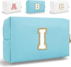 Small Personalized Letter Makeup Bag, Cute PU Leather Chenille Letters Cosmetic Bag Travel Makeup Pouch, Preppy Travel Organizer Zipper Pouch for Women&Girls（Blue-I）