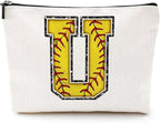 Initial Makeup Bag Monogrammed Cosmetic Bag Yellow Letter U Zipper Pouch Softball Accessories for Girls Women Player Coach Friend Graduation Birthday Gifts