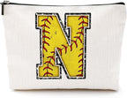 Softball Gifts Initial Makeup Bag Monogrammed Cosmetic Bag Letter N Zipper Pouch Softball Accessories for Girls Women Softball Player Coach Friend Softball Stuff Graduation Birthday Gifts