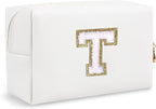 Personalized Small Travel Preppy Makeup Bag, Chenille Letter White Cute Makeup Bag Initial Cosmetic Pouch Toiletry Organizer, PU Waterproof Makeup Storage Thanksgiving Gifts for Friends(Letter T)