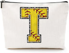 Softball Gifts Initial Makeup Bag Monogrammed Cosmetic Bag Letter T Zipper Pouch Softball Accessories for Girls Women Softball Player Coach Friend Softball Stuff Graduation Birthday Gifts