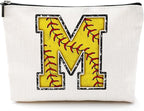 Softball Gifts Initial Monogrammed Cosmetic Bag Letter M Zipper Pouch for Girls Women Softball Player Coach Friend Graduation Birthday Gifts