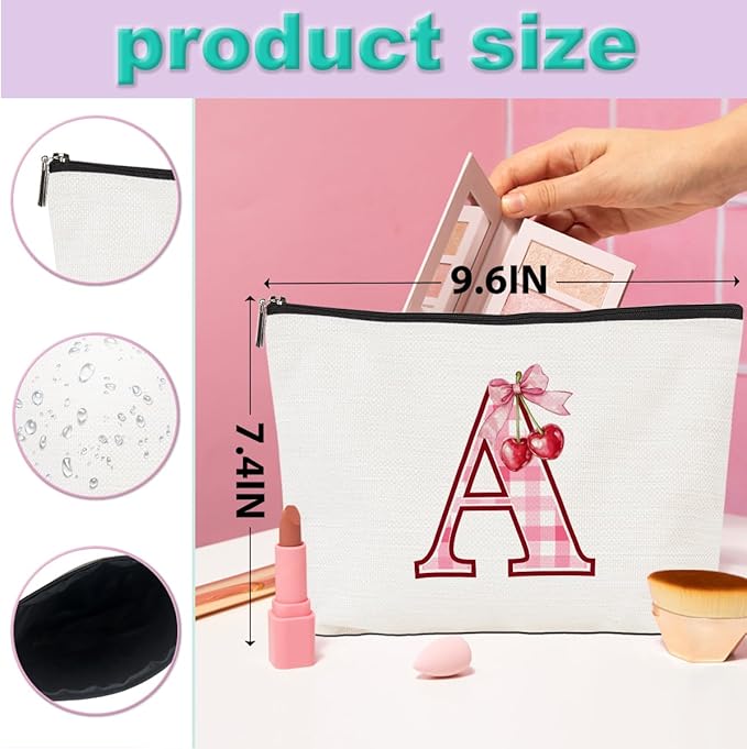 Initial Makeup Bag Monogram Cosmetic Bag Monogrammed Gifts for Women Girls Friends Coworker Teacher Personalized Travel Toiletry Bag Christmas Bridal Shower Wedding Bridesmaid Gifts, Cherry A