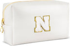 Gifts for Girls Initial Makeup Bag Personalized Cosmetic Bag with Zipper Cute Travel Toiletry Bags Waterproof PU Preppy Makeup Pouch Birthday Gift for Teen Girls Women(White N)