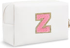 Small Initial Preppy Makeup Bag, Personalized Cute White Cosmetic Organizer Chenille Letter Travel Toiletry Zipper Pouch, Waterproof PU Leather Make Up Case Gifts for Women Girl Female Mom(Letter Z)