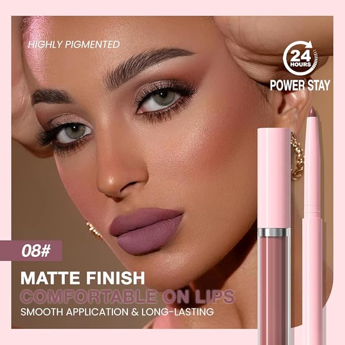 AMY'S DIARY 2pcs Matte Purple Red Lip Liner & Lipstick Makeup Set, Liquid Lipstick 24H and Lip Liner Set Matt Liquid Lips Make Up Waterproof Long Lasting (08#, 2 Pcs Set)