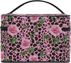 Makeup Bag, Roses On Pink Leopard Travel Makeup Organizer Bag Cosmetic Cases Toiletry Bags for Girl Women Ladies