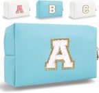 Small Personalized Letter Makeup Bag, Cute PU Leather Chenille Letters Cosmetic Bag Travel Makeup Pouch, Preppy Travel Organizer Zipper Pouch for Women&Girls（Blue-A）