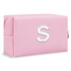 ChaoGreat Bride Gifts – Personalized Initial Makeup Bag with Pearl Rhinestone Patch, Preppy Pink Monogram Cosmetic/Toiletry Pouch, bridesmaid Gifts, Bridal Shower Gifts, Wedding Gifts, Bridal Gifts,S