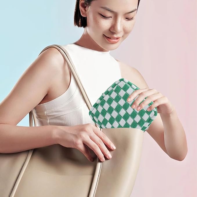 Small Green Makeup Bag for Purse, Mini Checkered Cosmetic Bag Zipper Cute Make Up Pouch Travel Toiletry Bag Quilted Aesthetic Accessories Makeup Storage Bag Organizer for Women Girls