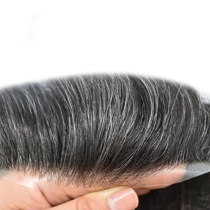 Mens Toupee Human Hair Piece French Lace Toupee for Man Hair System Indian Human Hair Replacement Systems V-Looped PU Front Hairpieces 6"X8" #1B30 1B# OFF BLACK WITH 30% SYNTHETIC GREY