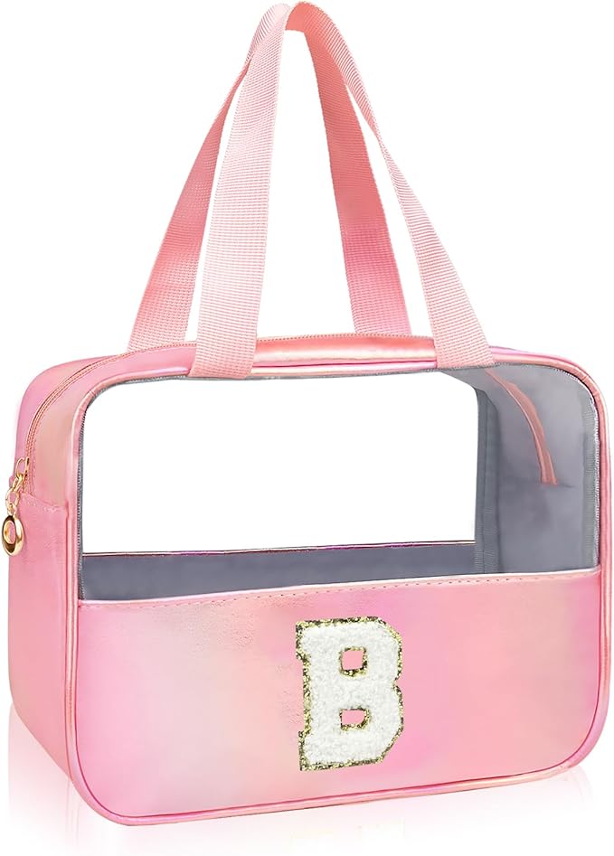 Initial Clear Makeup Bag Personalized Pink Clear Cosmetic Bag, Cute Large Make Up Bags Organizer Bag, Travel Toiletry Bag for Women Girl Gifts B (Pink)