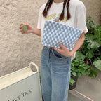 2 Pieces Makeup Bag Set, Small Blue Checkered Cosmetic Bag Travel Toiletry Organizer Mini Cosmetic Pouch Case Makeup Brushes Cute Quilted Aesthetic Accessories Storage Bag for Women