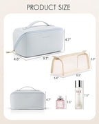 Vlando Makeup Bag,Large Capacity Toiletry Bag for Women Waterproof Portable Make up Pouch PU Leather Open Flat Cosmetic Bag(Baby Blue)