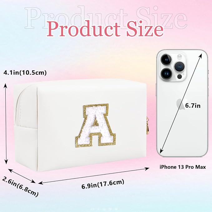 Small Personalized Letter Makeup Bag, Cute PU Leather Chenille Letters Cosmetic Bag Travel Makeup Pouch, Preppy Travel Organizer Zipper Pouch for Women&Girls（White-A）