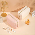 GFU Makeup Bag Large Travel Zipper Cosmetic Pouch, Water Resistant PU Leather Toiletry Organizer for Women and Girls, Light Champagne Pink
