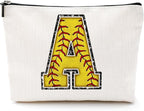 Initial Makeup Bag Monogrammed Cosmetic Bag Letter A Zipper Pouch Softball Accessories for Girls Women Player Coach Friend Stuff Graduation Birthday Gifts