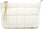 Puffer Quilted Makeup Bag Travel Cosmetic Bag Portable Puffy Checkered Toiletry Pouch Skincare Organizer Purse Pencil Case (White)