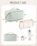 Vlando Makeup Bag,Large Capacity Toiletry Bag for Women Waterproof Portable Make up Pouch PU Leather Open Flat Cosmetic Bag(Mint Green)