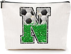 Soccer Gifts Initial Makeup Bag Monogrammed Cosmetic Bag Letter N Zipper Pouch Soccer Accessories for Girls Women Player Coach Friend Stuff Graduation Birthday Gifts