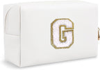 Personalized Initial Preppy Makeup Bag Organizer, Small Travel Cute White Cosmetic Bag Toiletry Zipper Pouch for Women, Portable Waterproof PU Makeup Case for Women Teacher Graduation Gift(Letter G)