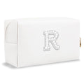 Bride Gifts – Personalized Initial Makeup Bag with Pearl Rhinestone Patch, Preppy White Monogram Cosmetic/Toiletry Pouch, bridesmaid Gifts, Bridal Shower Gifts, Wedding Gifts, Bridal Gifts,R