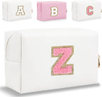 Small Personalized Letter Makeup Bag, Cute PU Leather Chenille Letters Cosmetic Bag Travel Makeup Pouch, Preppy Travel Organizer Zipper Pouch for Women&Girls（WhitePink-Z）