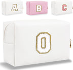 Small Personalized Letter Makeup Bag, Cute PU Leather Chenille Letters Cosmetic Bag Travel Makeup Pouch, Preppy Travel Organizer Zipper Pouch for Women&Girls（White-O）
