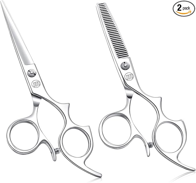 Moontay 5.5" Hair Cutting Shears Set with Large Finger Holes, Professional Barber Stylist Thinning Shears, Salon Hair Cutting Scissors, 440C Japanese Stainless Steel, Silver