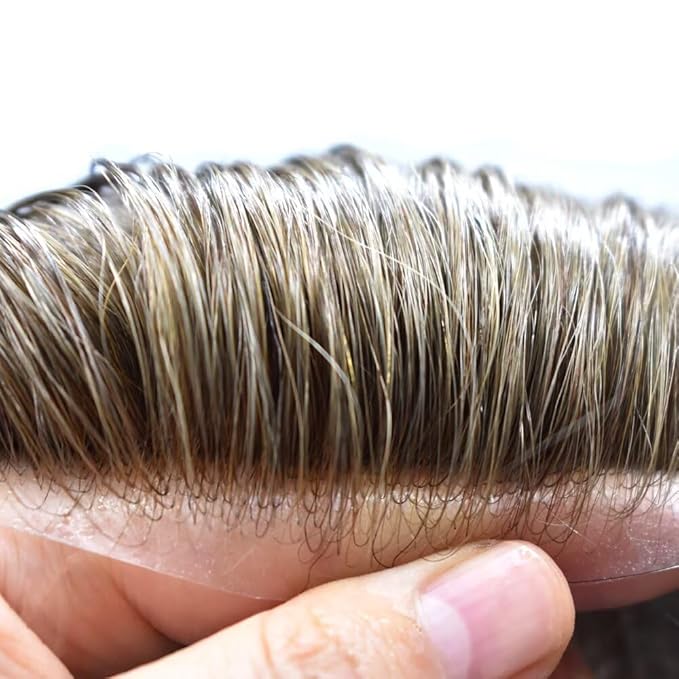 FACE MIRACLE Toupee for Men French Lace Hairpiece Human Hair Replacement System Skin PU Mens Toupee Hair Wigs for Man V-Looped Front Hair Prosthesis 6"X9" 6# LIGHT BROWN