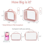 PACKISM Floral Texture Lace TSA Approved Toiletry Bag - 180° Large Opening Clear Makeup Bags in 2 Size, Clear Bags for Travel with Handle, 0.5 mm Thick Non-deformable No Smell, Pink