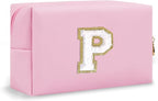 Personalized Initial Preppy Makeup Bag Organizer, Pink Small Travel Cosmetic Bag Monogram Toiletry Zipper Pouch for Women, Portable Waterproof PU Makeup Case for Women Friends Party Gift(Letter P)