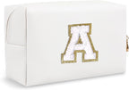 Personalized Initial Preppy Patch Makeup Bag, Small Travel Cute Cosmetic Pouch Makeup Case Organizer Toiletry Zipper Pouch, Waterproof Chenille Letter Storage Bag Gift for Women Friendship(Letter A)