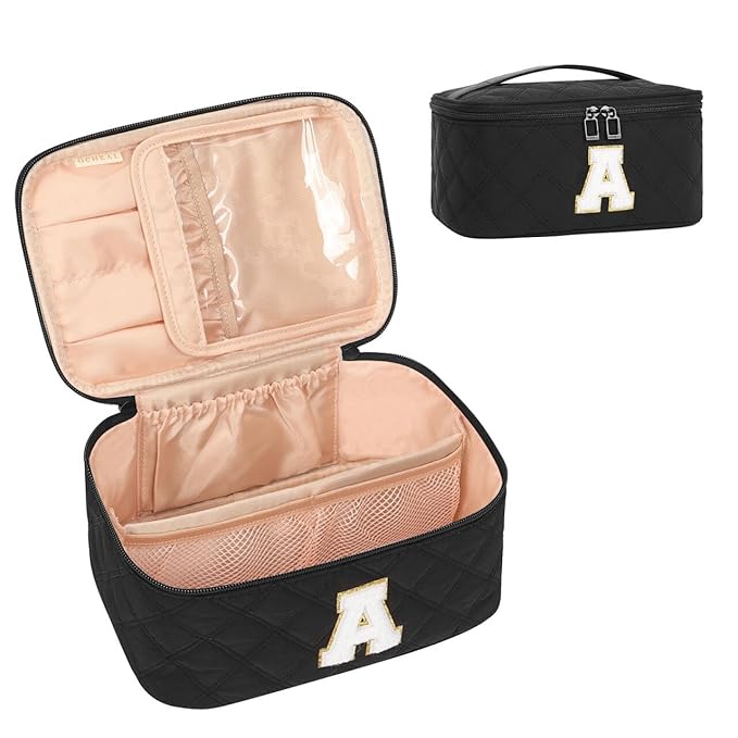 OCHEAL Makeup Bag for Women, Monogram Cosmetic Bag with Brush Holder,Black Travel Makeup Case Beauty Toiletry Bag Organizer Personalized Gifts for Girls Bridesmaid, Sister, Wife, Friends Initial A